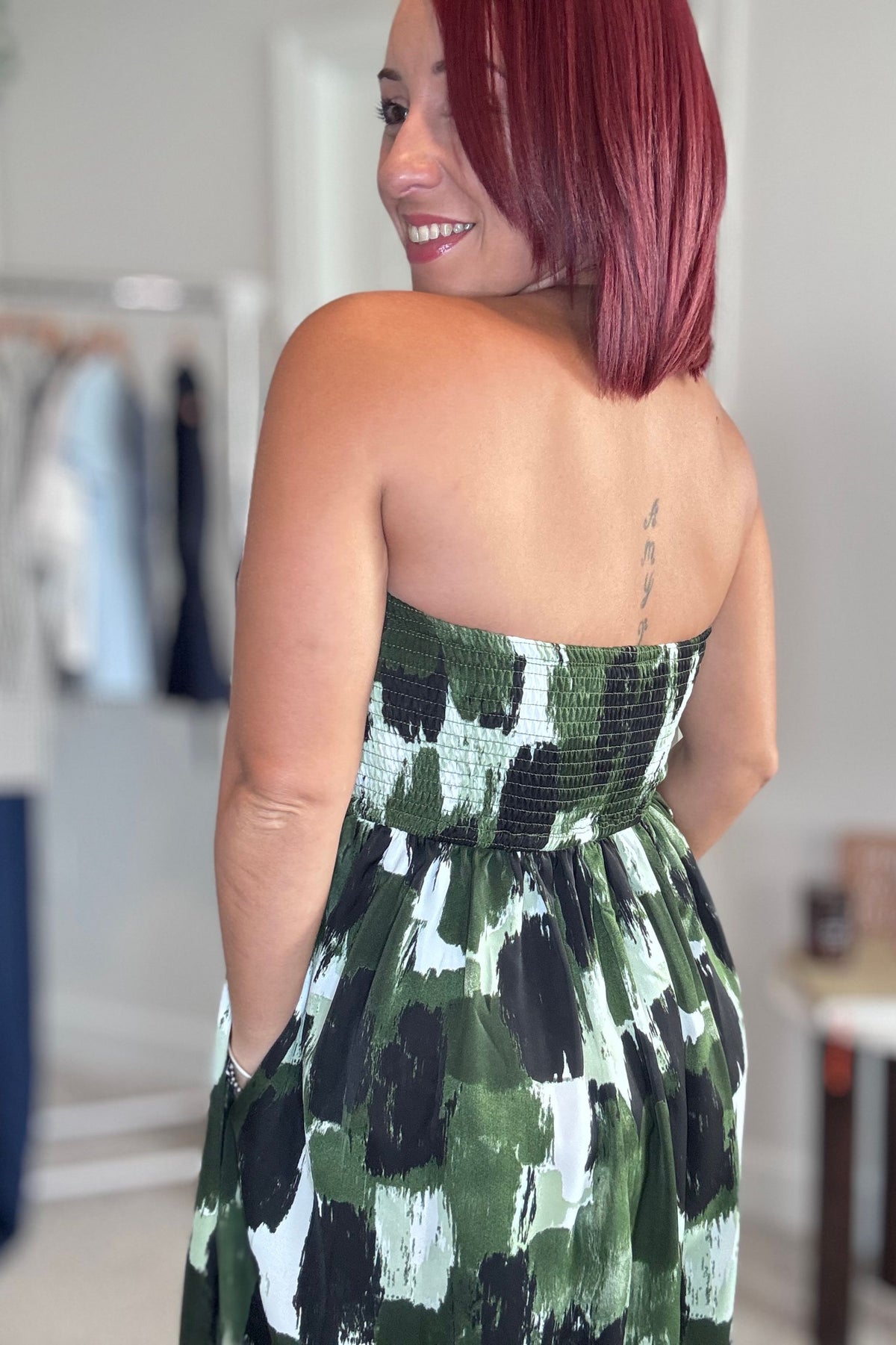 Olive Abstract Print Strapless Wide Leg Jumpsuit