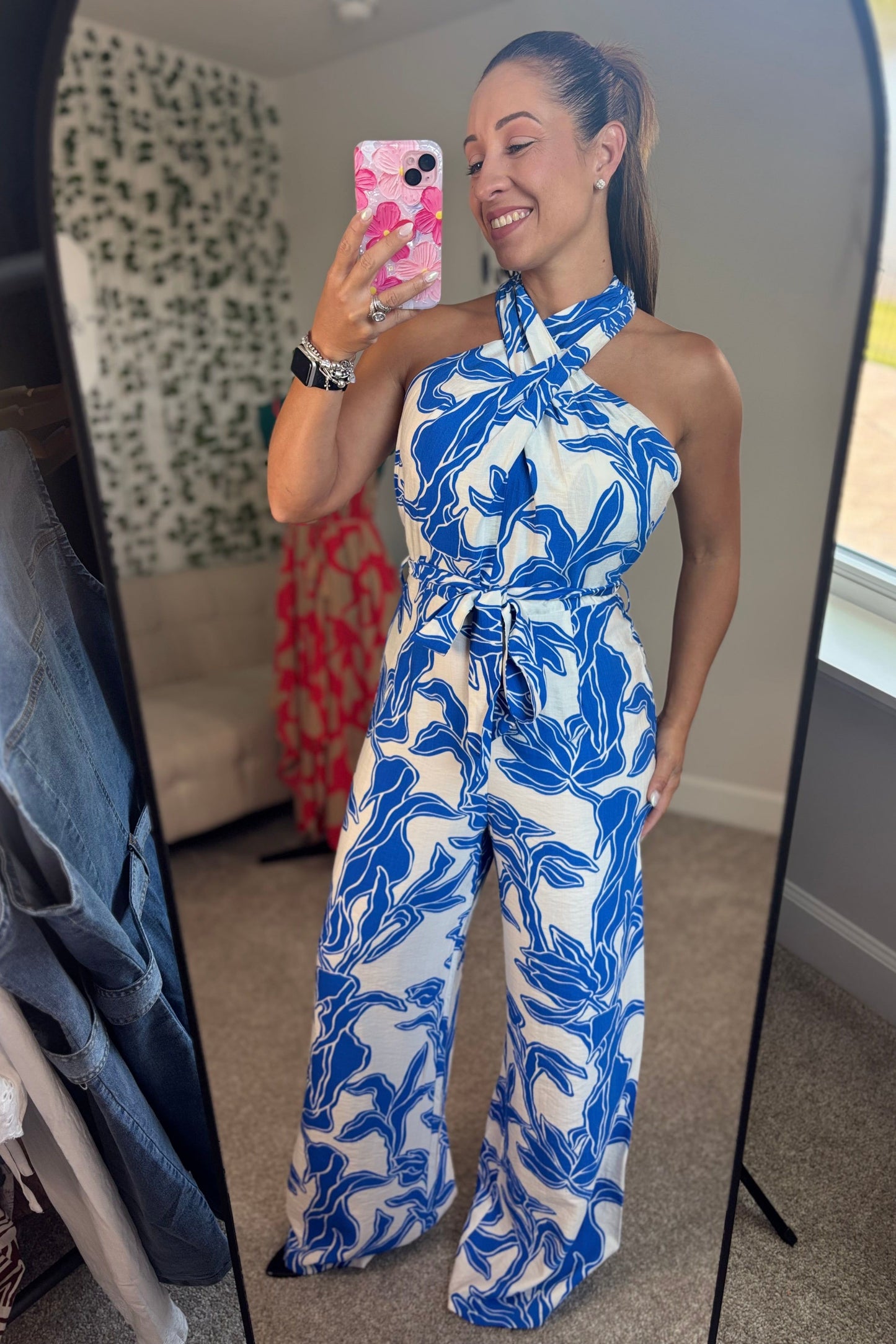 BLUE CRISSCROSS HALTER NECK JUMPSUIT