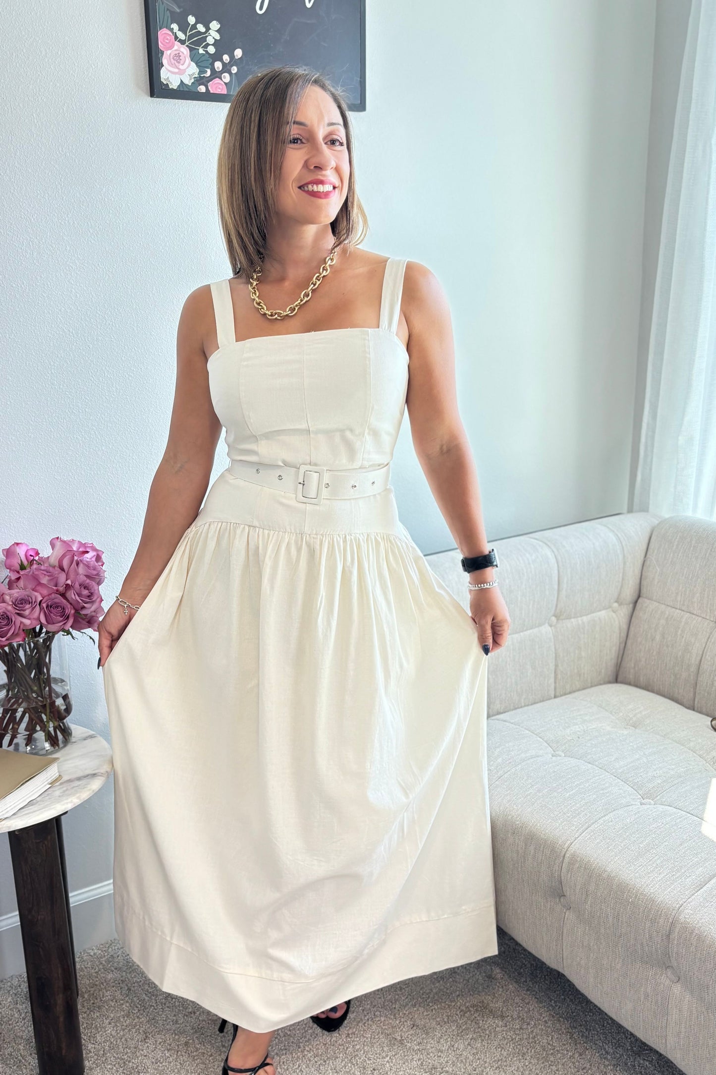 LIGHT BEIGE WITH BELT MIDI DRESS