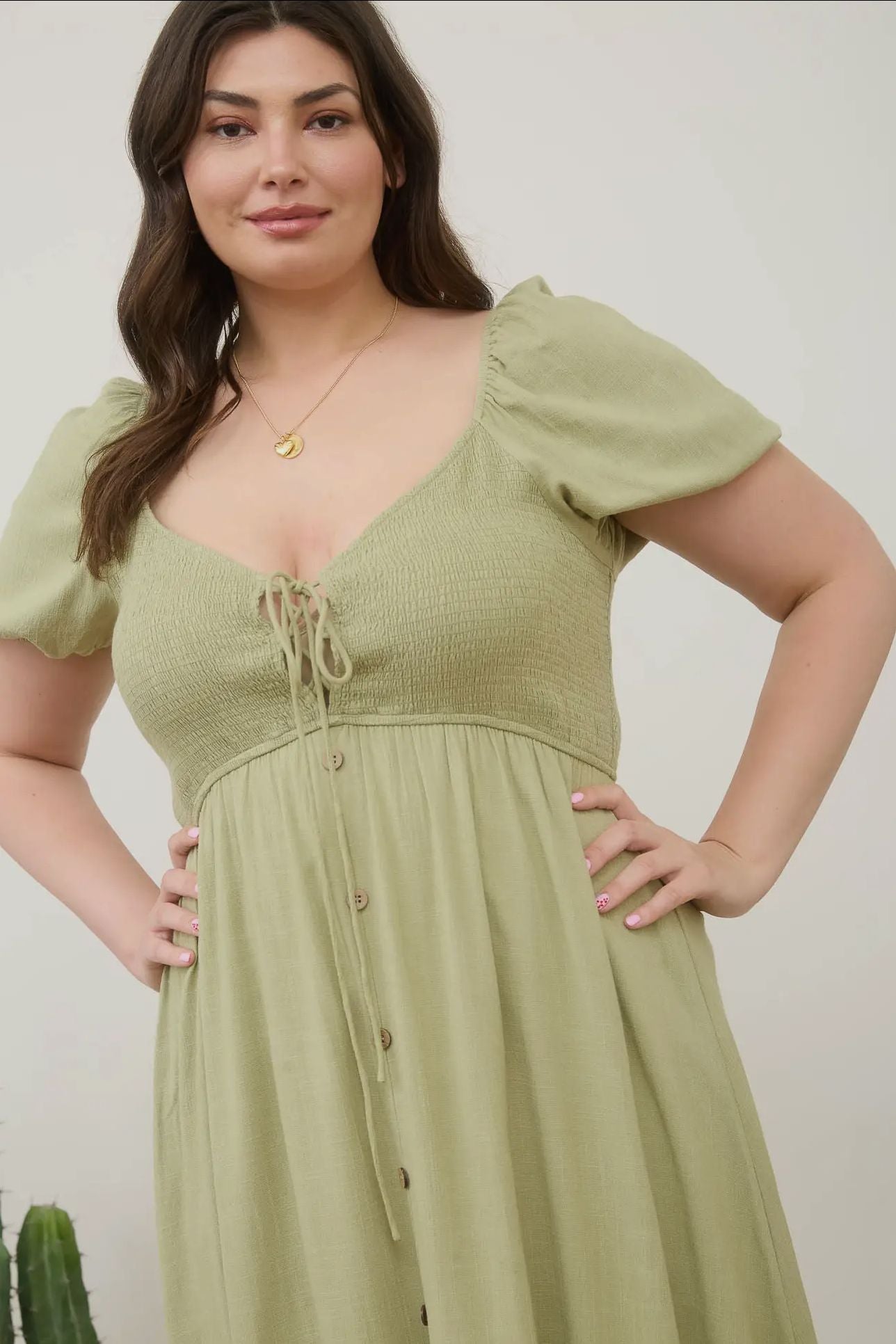 PLUS SIZES SMOCKED LIGHT OLIVE MIDI DRESS