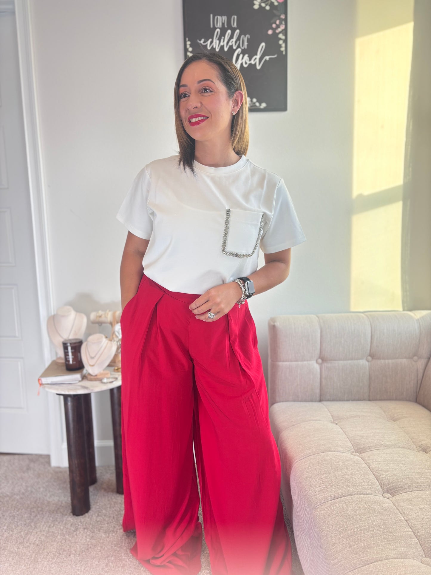 SHIMMER GRACE TEE- WHITE T-SHIRT WITH RHINESTONE DETAILS