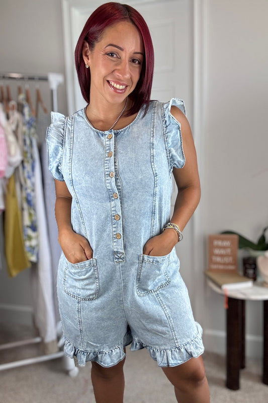 Ruffle denim romper