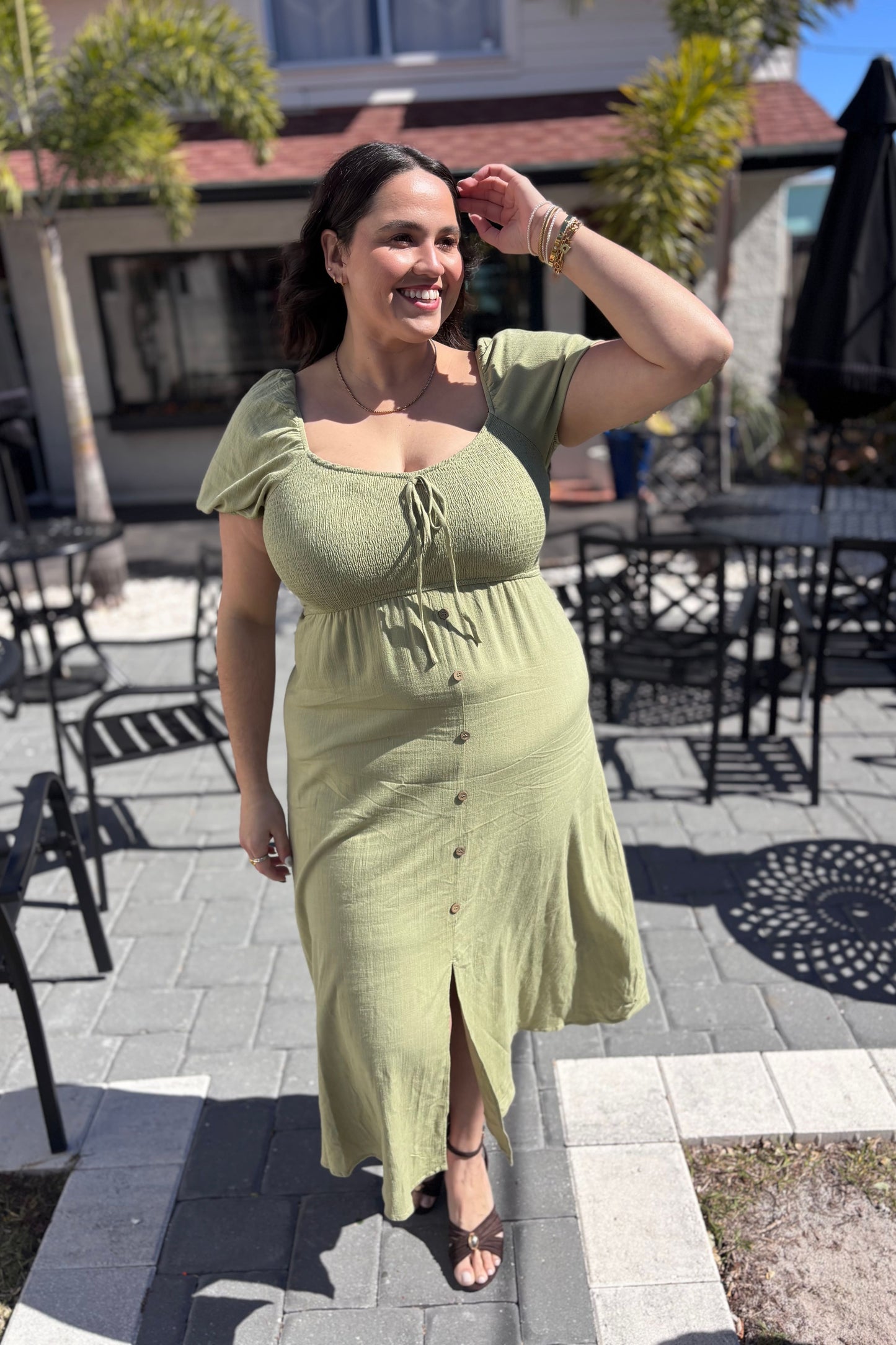 PLUS SIZES SMOCKED LIGHT OLIVE MIDI DRESS