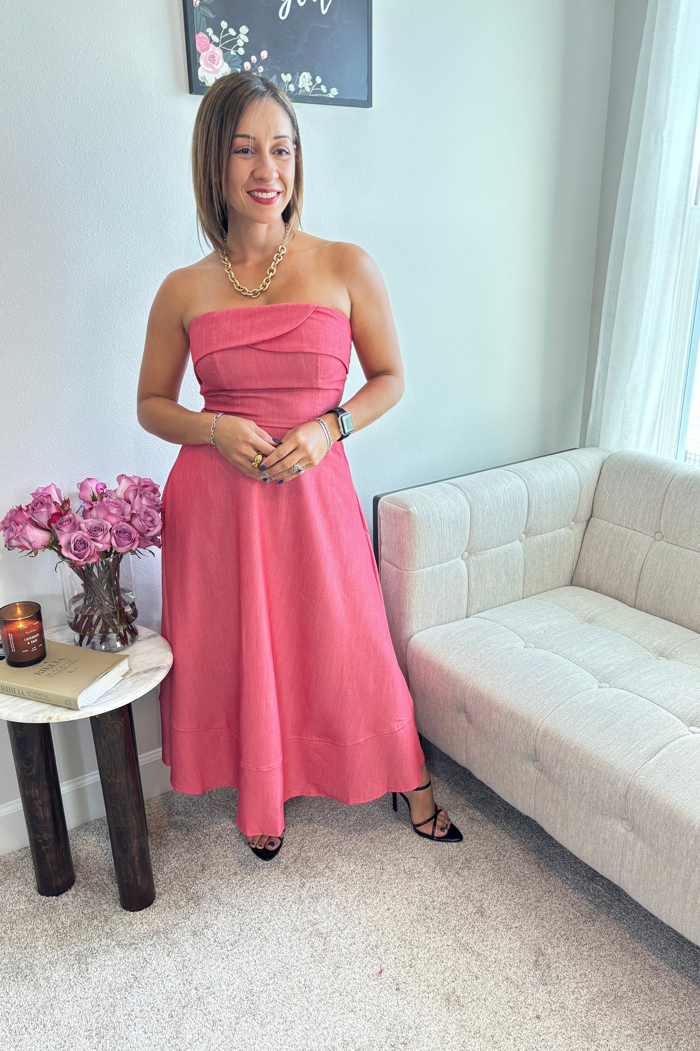 STRAPLESS MIDI DRESS WITH OPEN BACK