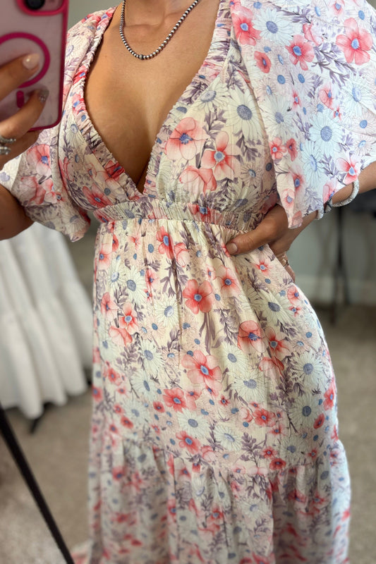 V-NECK FLORAL MAXI DRESS
