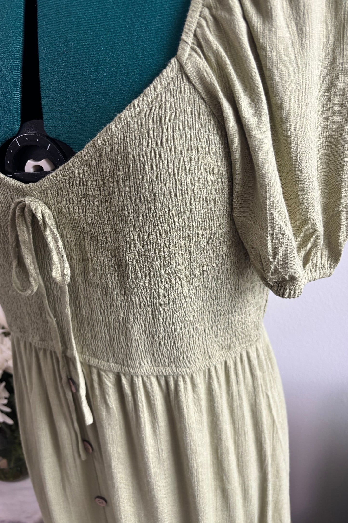 PLUS SIZES SMOCKED LIGHT OLIVE MIDI DRESS