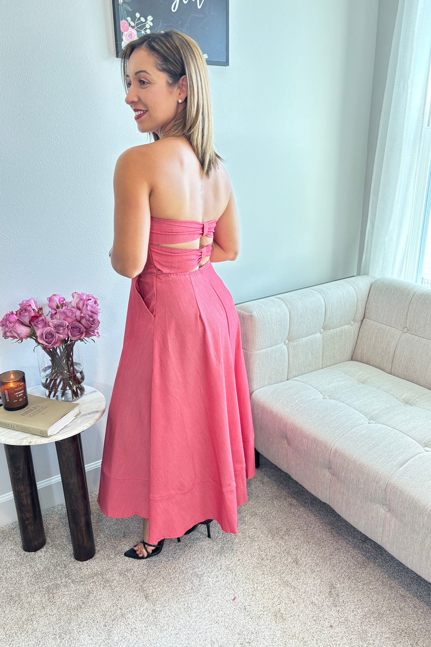 STRAPLESS MIDI DRESS WITH OPEN BACK