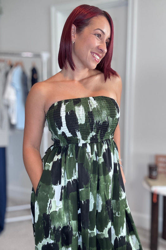 Olive Abstract Print Strapless Wide Leg Jumpsuit