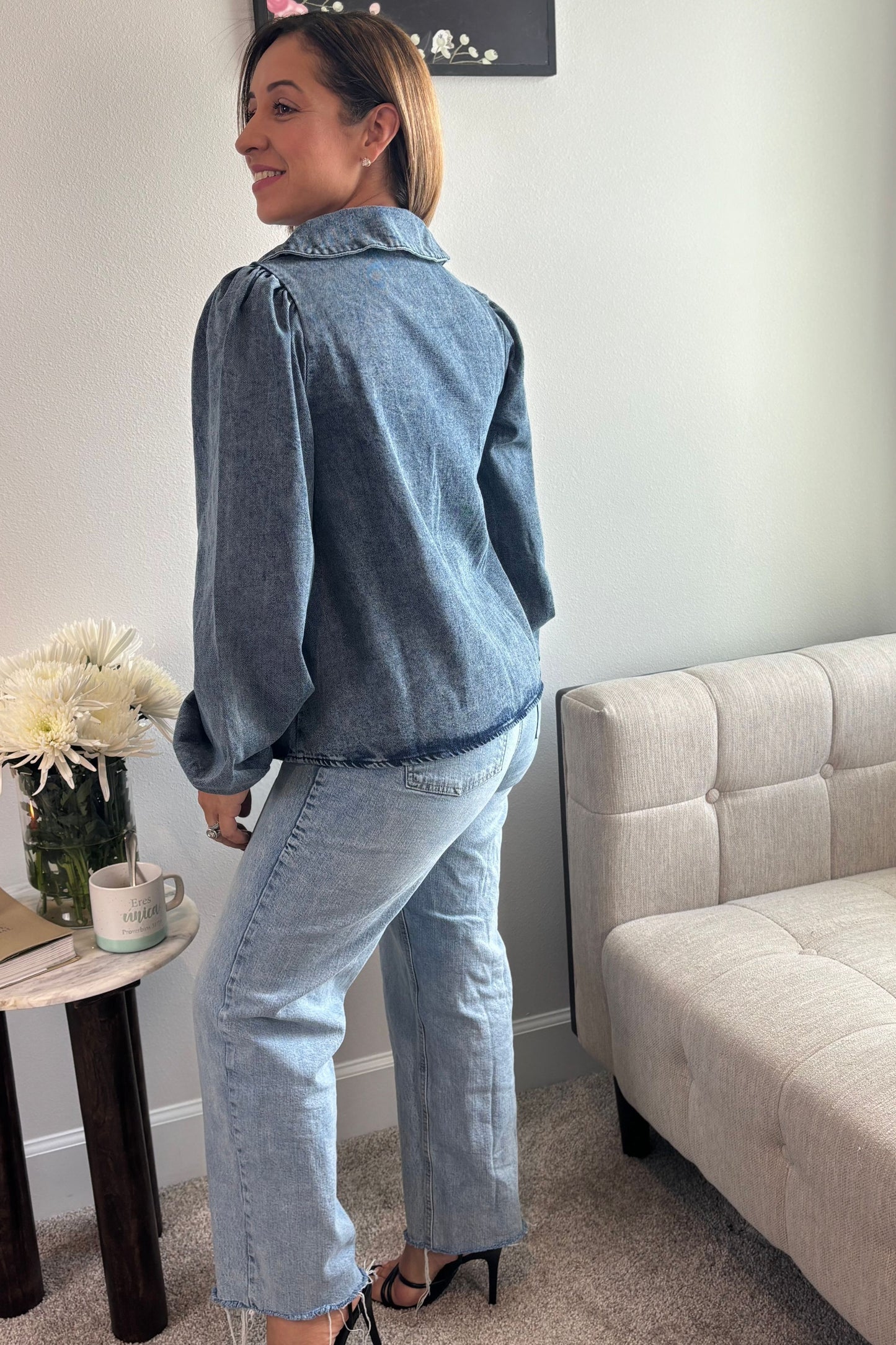 LONG SLEEVE FRONT BOW TIE DENIM TOP