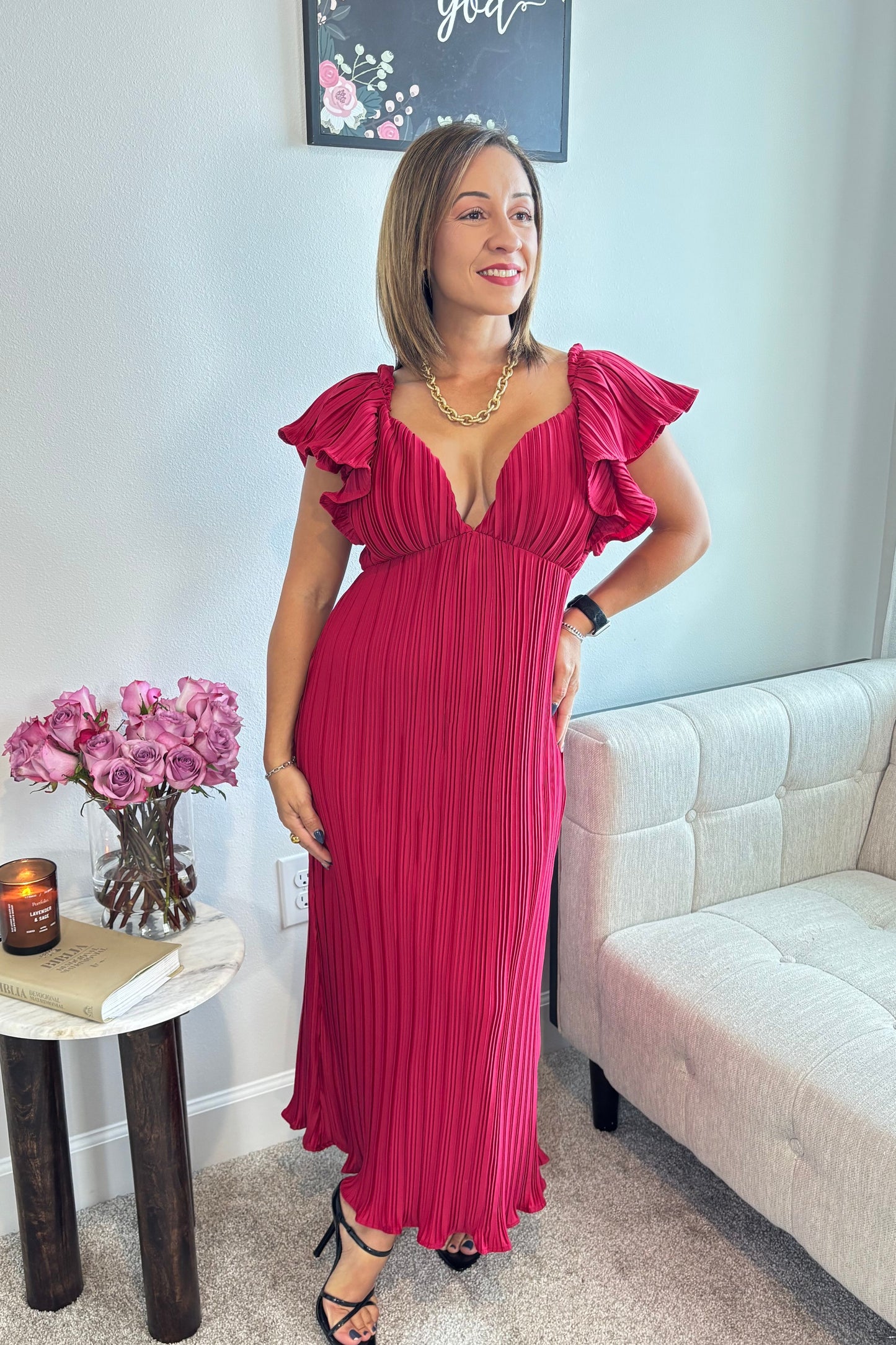 RED V-NECK FLUTTER SLEEVE PLEATED MIDI DRESS