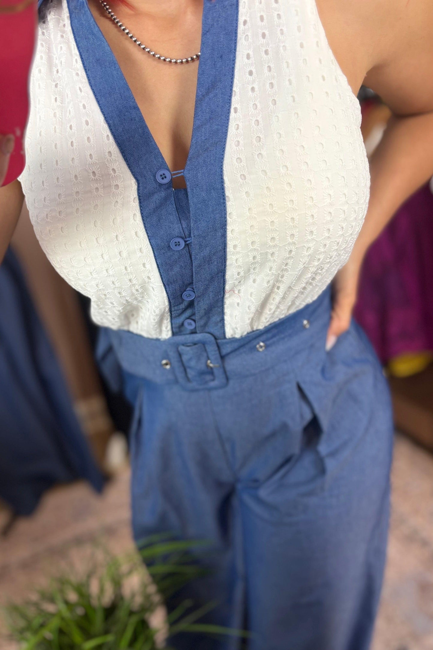 WHITE LACE DENIM JUMPSUIT