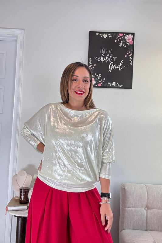 RADIANT GRACE TOP-METALLIC OFF SHOULDER BLOUSE