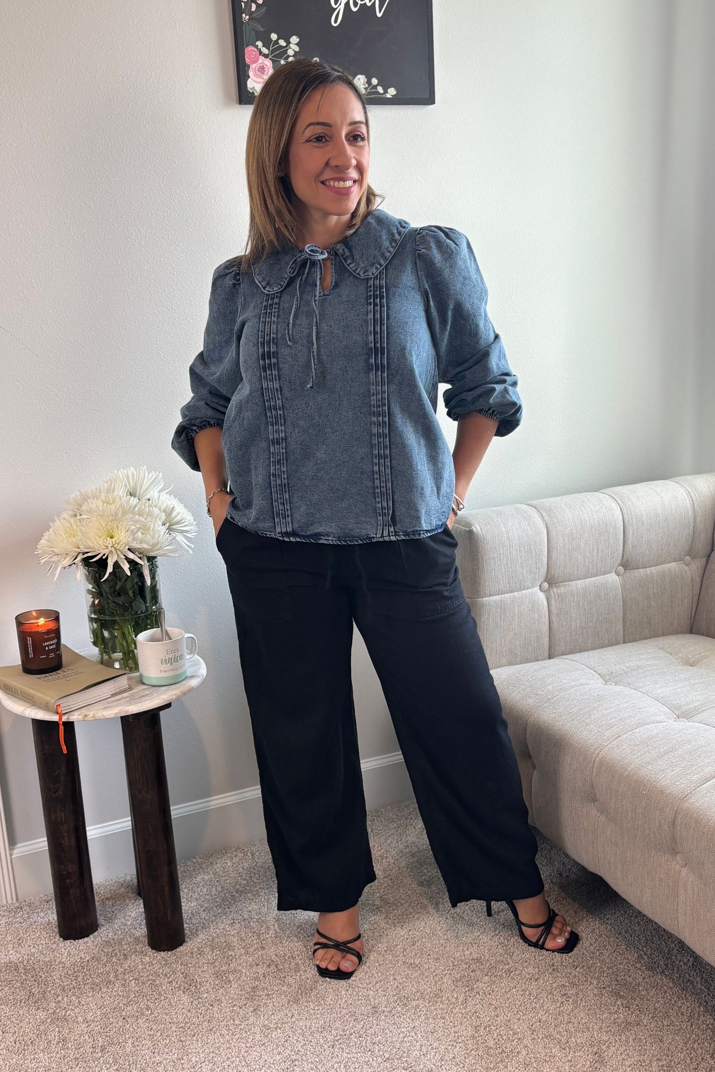 LONG SLEEVE FRONT BOW TIE DENIM TOP