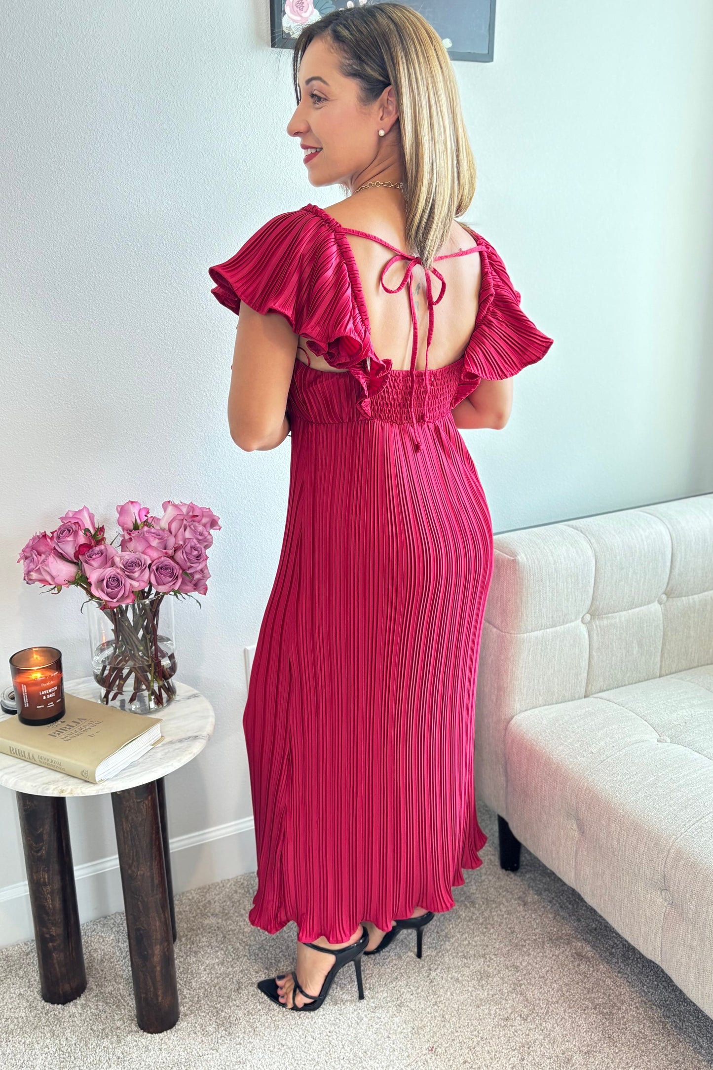 RED V-NECK FLUTTER SLEEVE PLEATED MIDI DRESS
