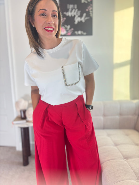 SHIMMER GRACE TEE- WHITE T-SHIRT WITH RHINESTONE DETAILS