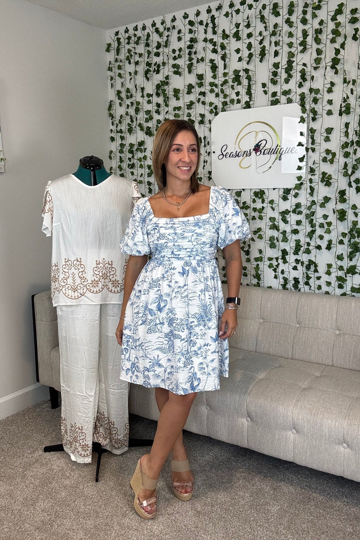 PUFF SLEEVE MINI DRESS-BLUE