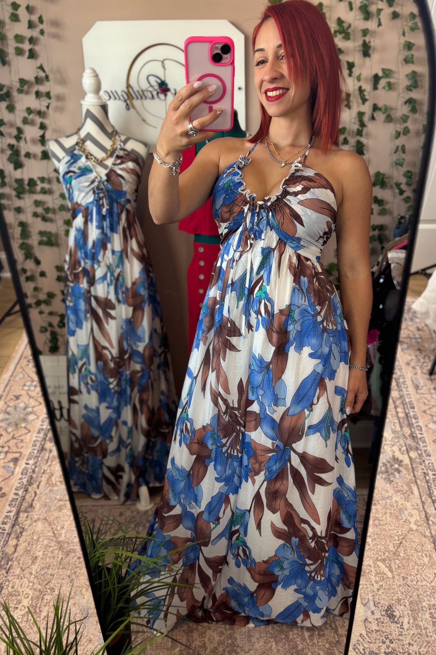 V-NECK WOVEN FLOWERS MAXI DRESS