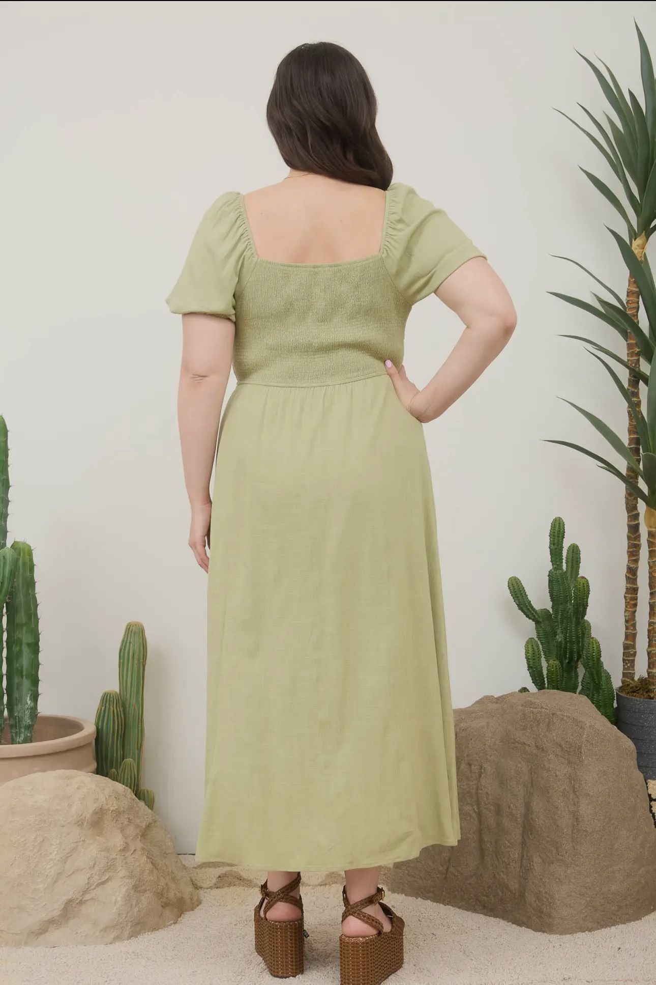 PLUS SIZES SMOCKED LIGHT OLIVE MIDI DRESS