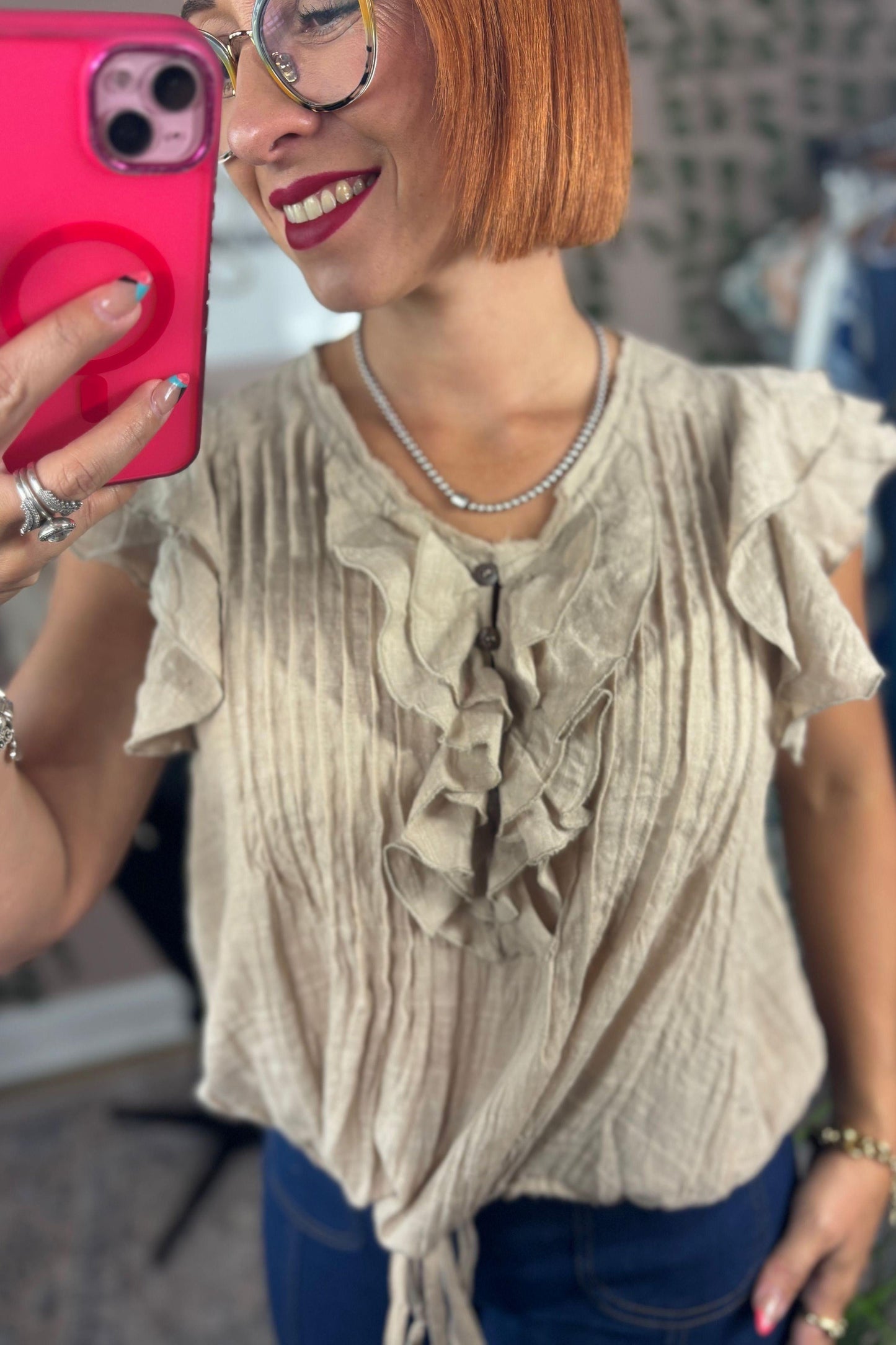 V-NECK RUFFLE TOP