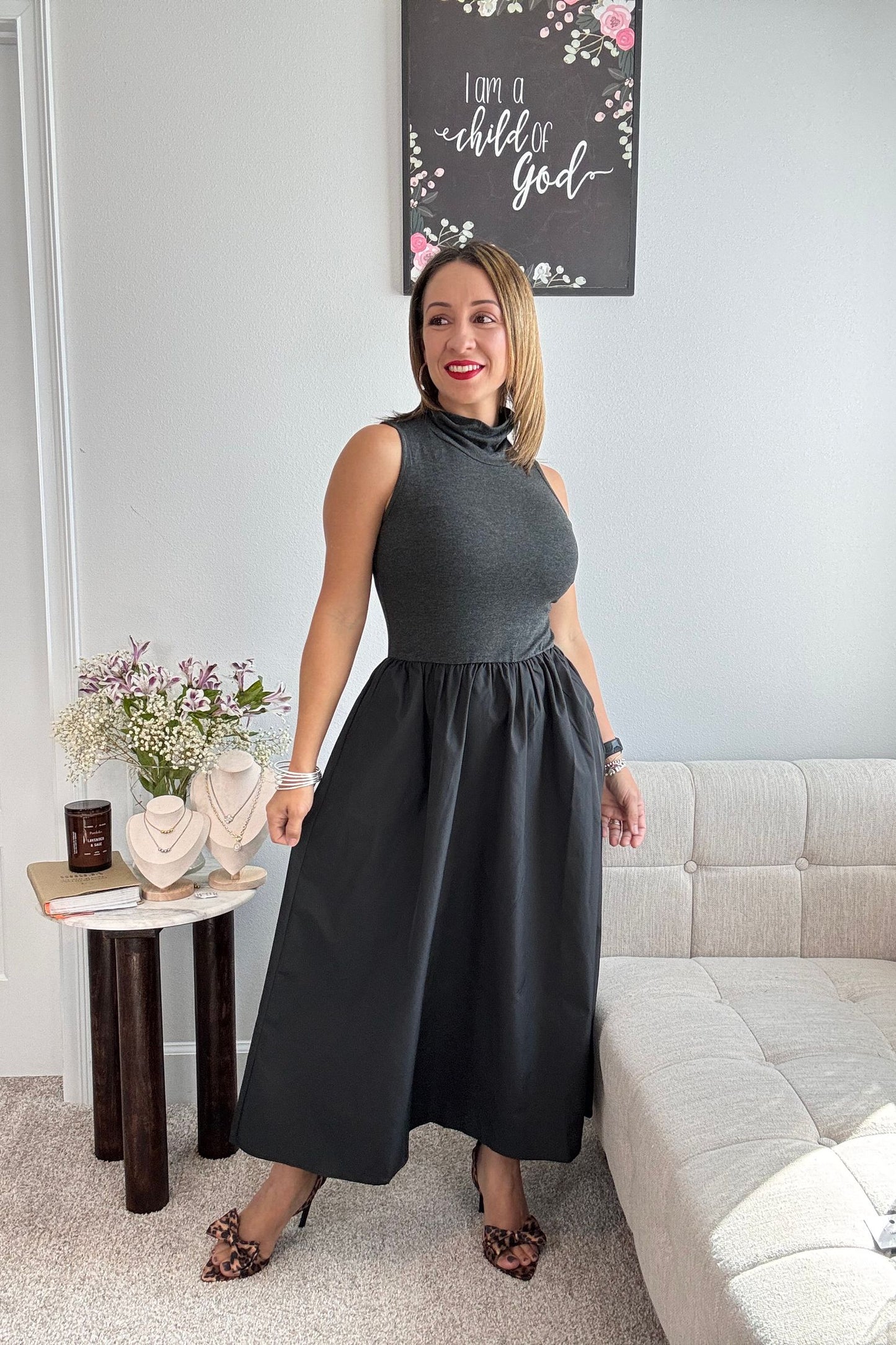 DIVINE MIDI DRESS- GRAY AND BLACK TURTLE NECK