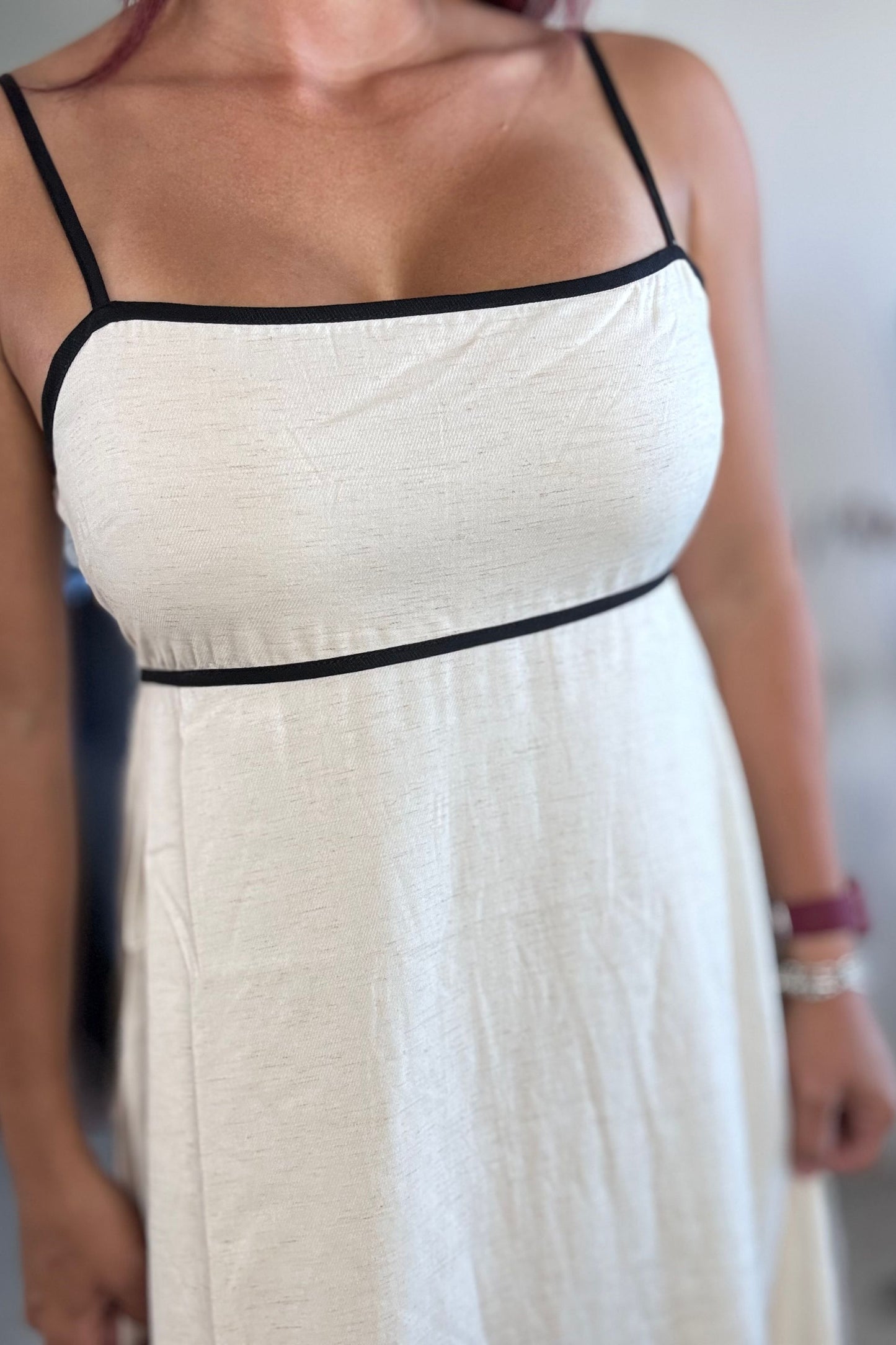 Contrast Trim Ivory and Black Midi Dress