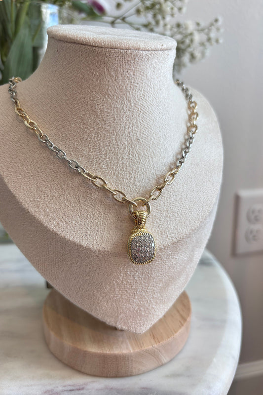 PRESENCIA CZ SQUARE PENDANT TWO-TONE NECKLACE – ELEGANT EVERYDAY ACCESSORY