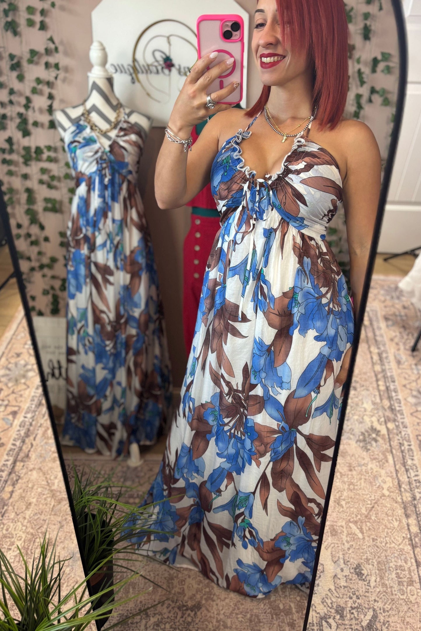 V-NECK WOVEN FLOWERS MAXI DRESS