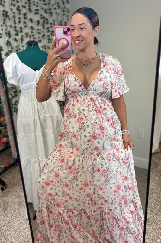 V-NECK FLORAL MAXI DRESS