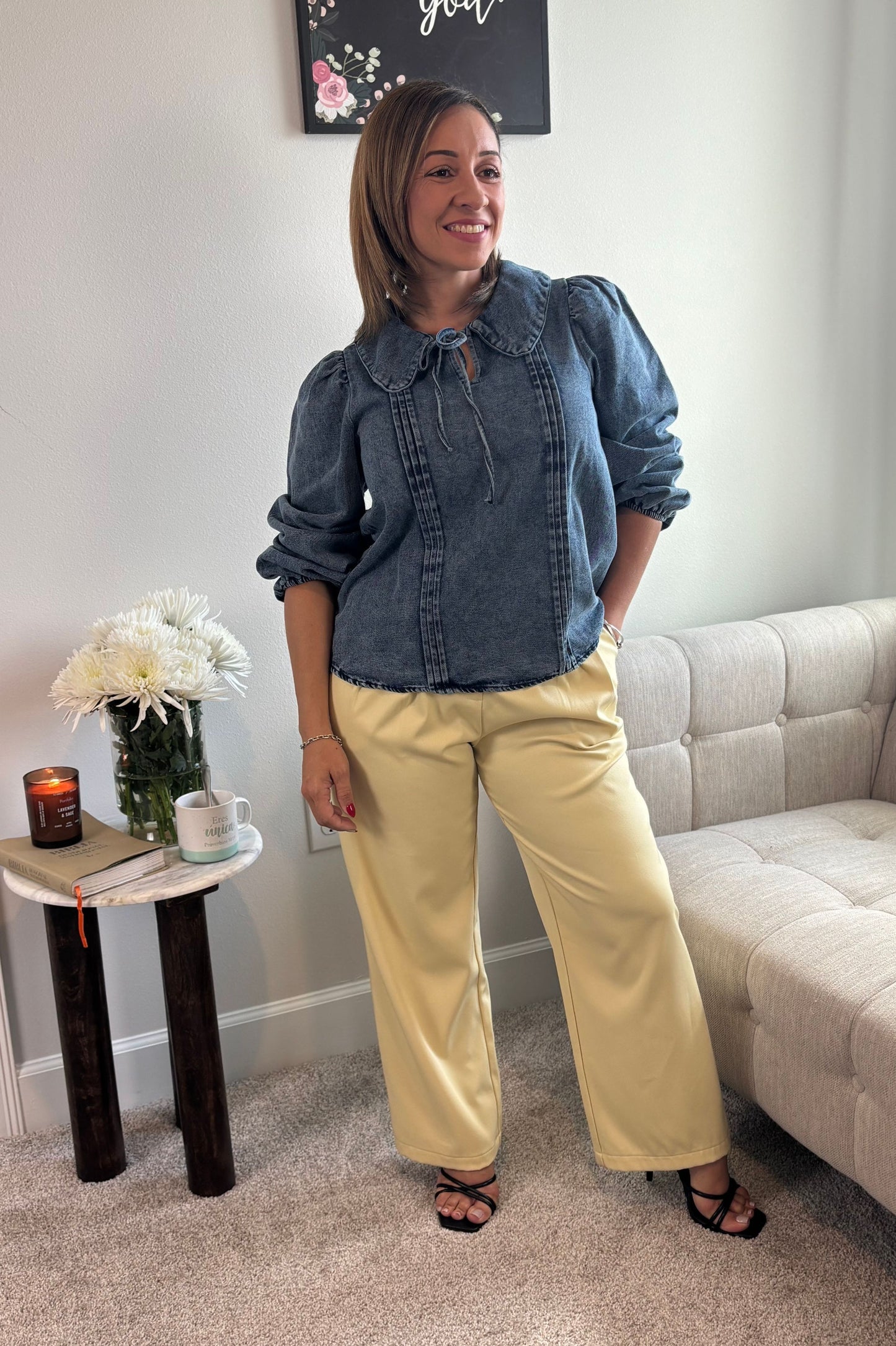 LONG SLEEVE FRONT BOW TIE DENIM TOP