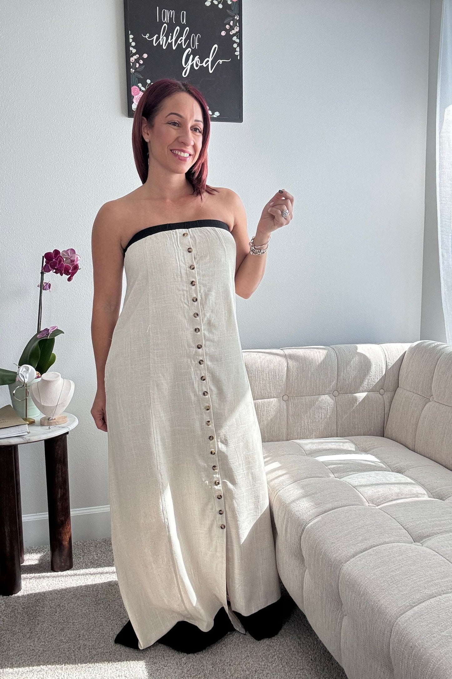 BEAUTY STRAPLESS BUTTON FRONT MAXI DRESS