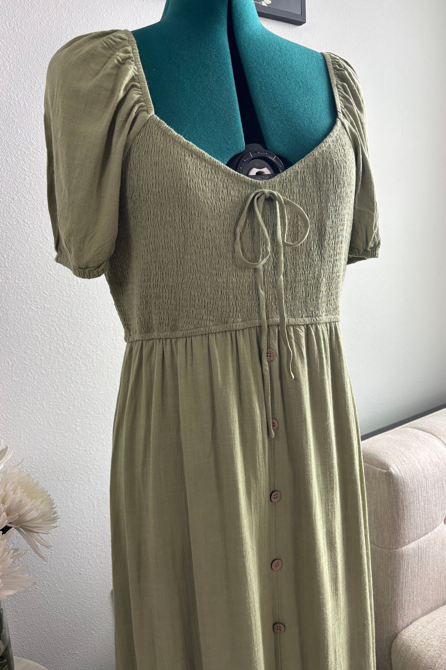 PLUS SIZES SMOCKED LIGHT OLIVE MIDI DRESS