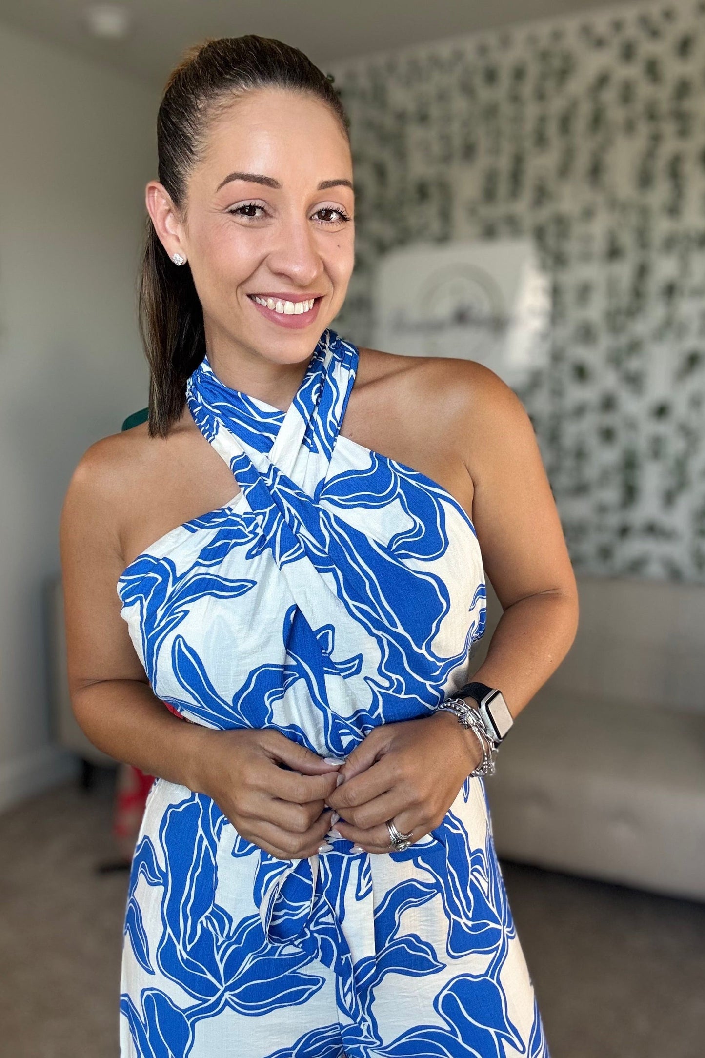 BLUE CRISSCROSS HALTER NECK JUMPSUIT