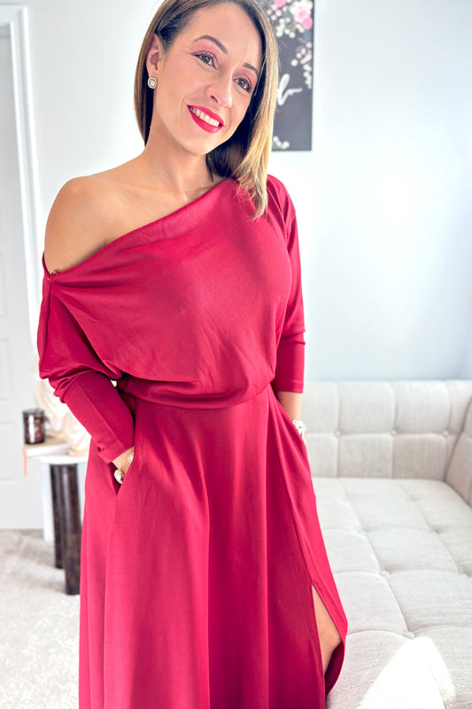 RADIANT GRACE MIDI DRESS- BURGUNDY KNIT MIDI DRESS