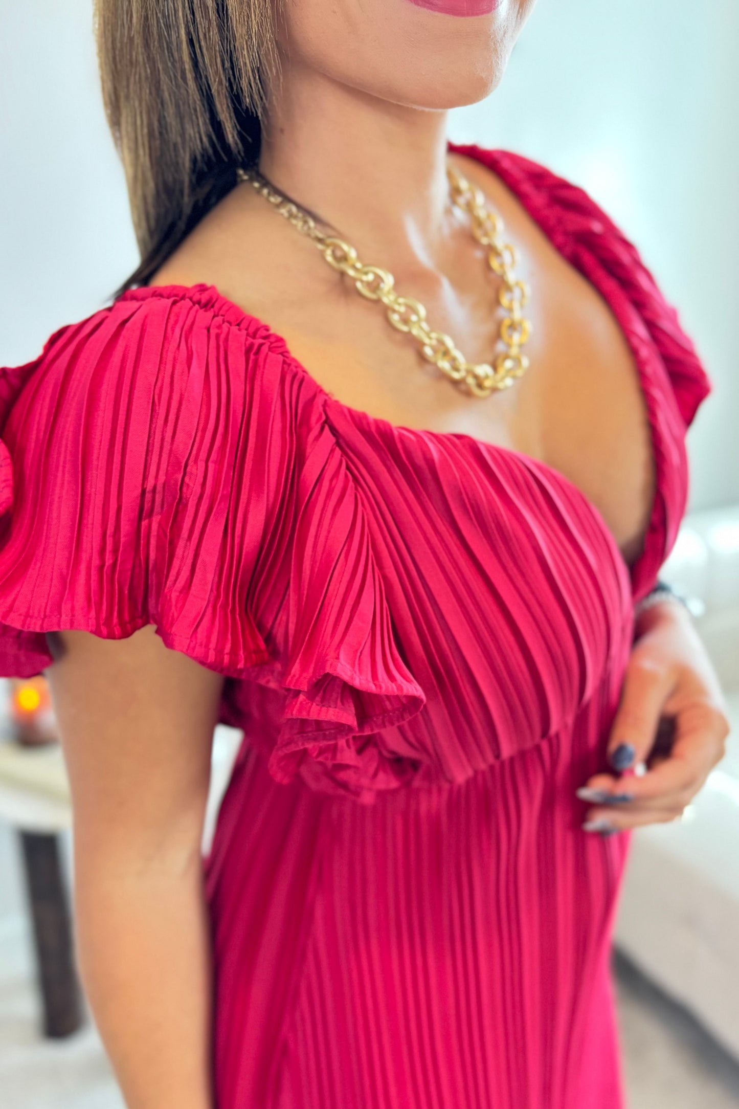 RED V-NECK FLUTTER SLEEVE PLEATED MIDI DRESS