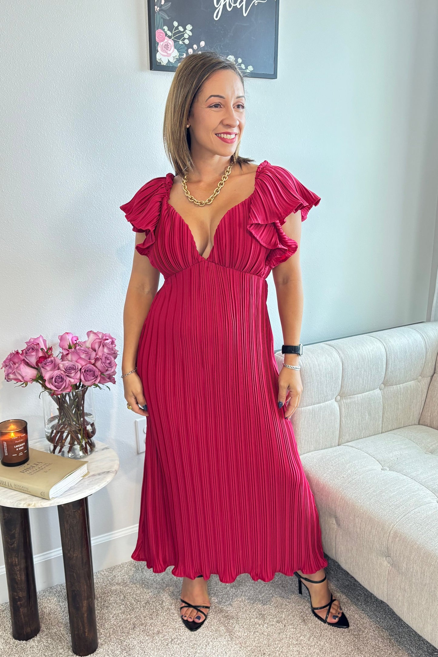 RED V-NECK FLUTTER SLEEVE PLEATED MIDI DRESS