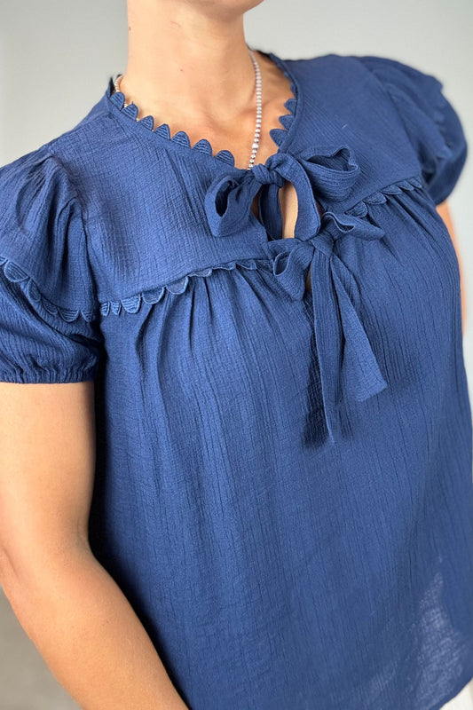 BLUE SCALLOP TRIM FRONT TIE DETAILS TOP (PLUS SIZES AVAILABLE)