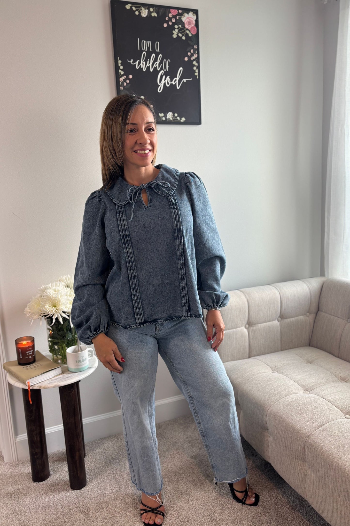 LONG SLEEVE FRONT BOW TIE DENIM TOP