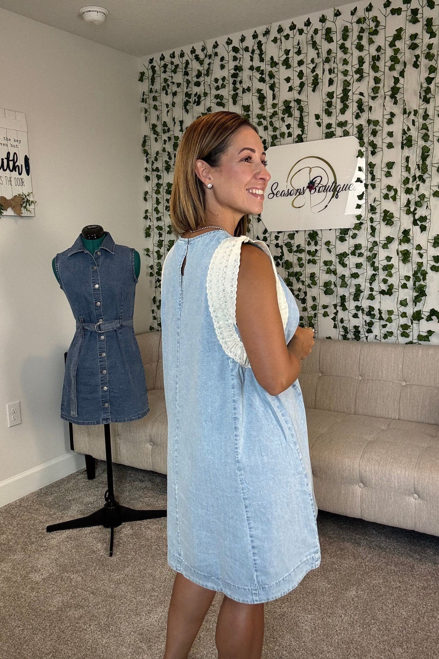 EYELET TRIM DENIM MINI DRESS