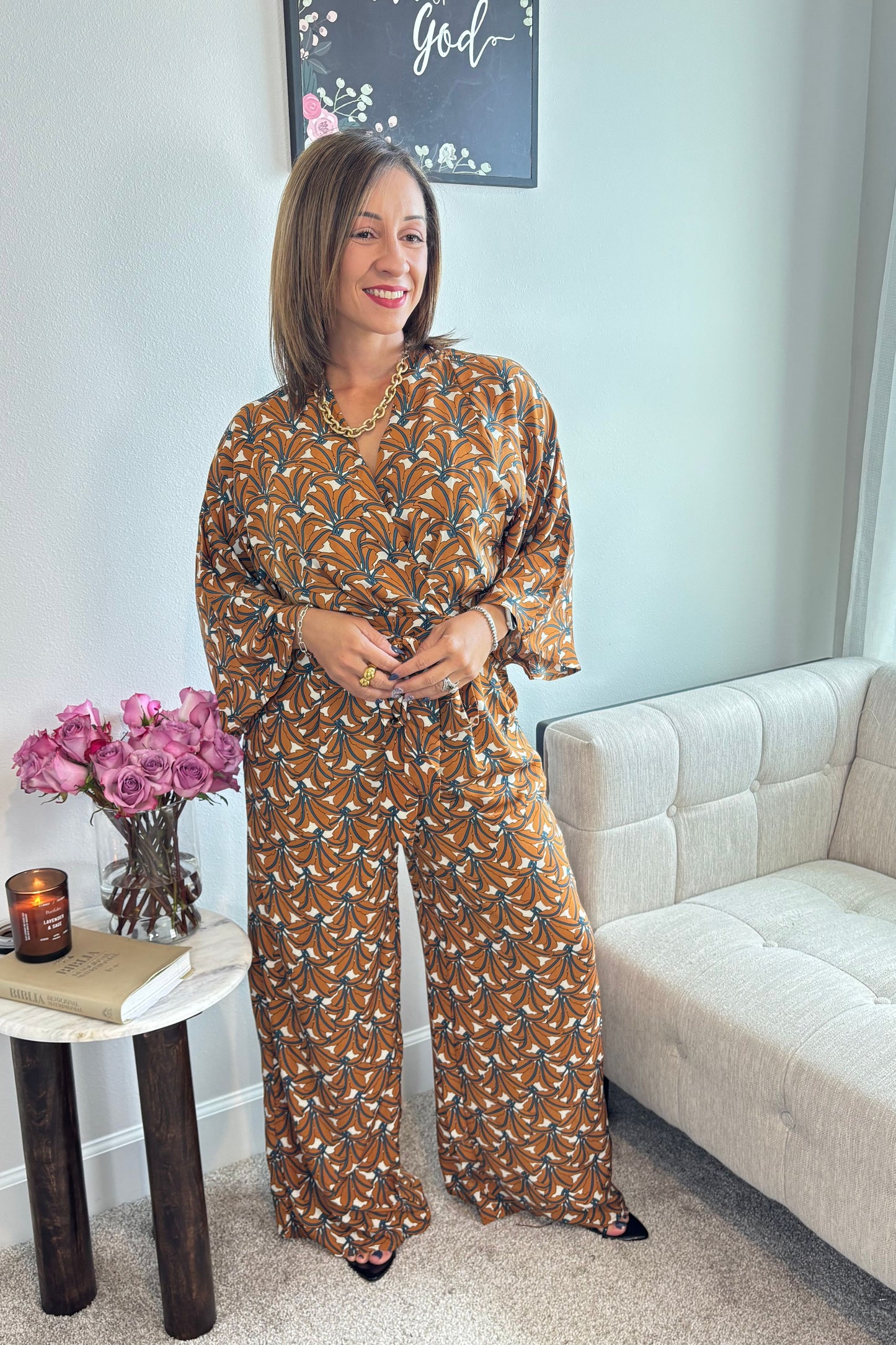 COFFEE LEAF PRINTED WAIST BELT JUMPSUIT-ELEGANCE IS TIMELESS