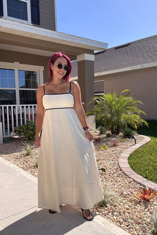 Contrast Trim Ivory and Black Midi Dress