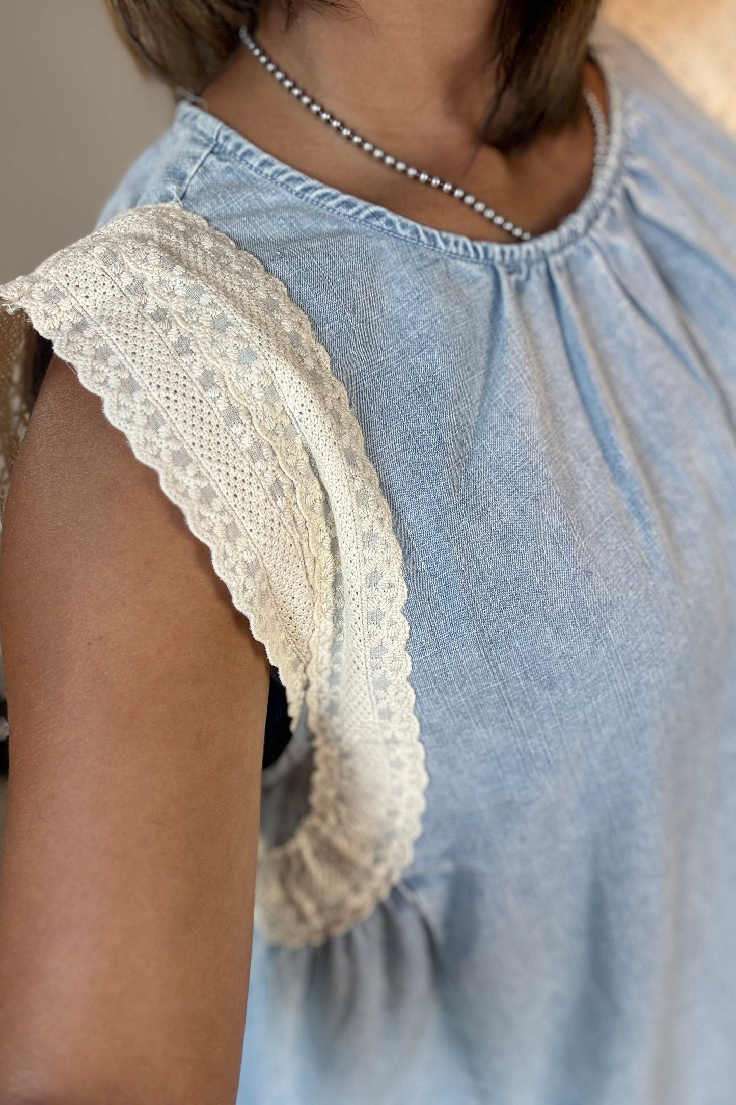EYELET TRIM DENIM MINI DRESS