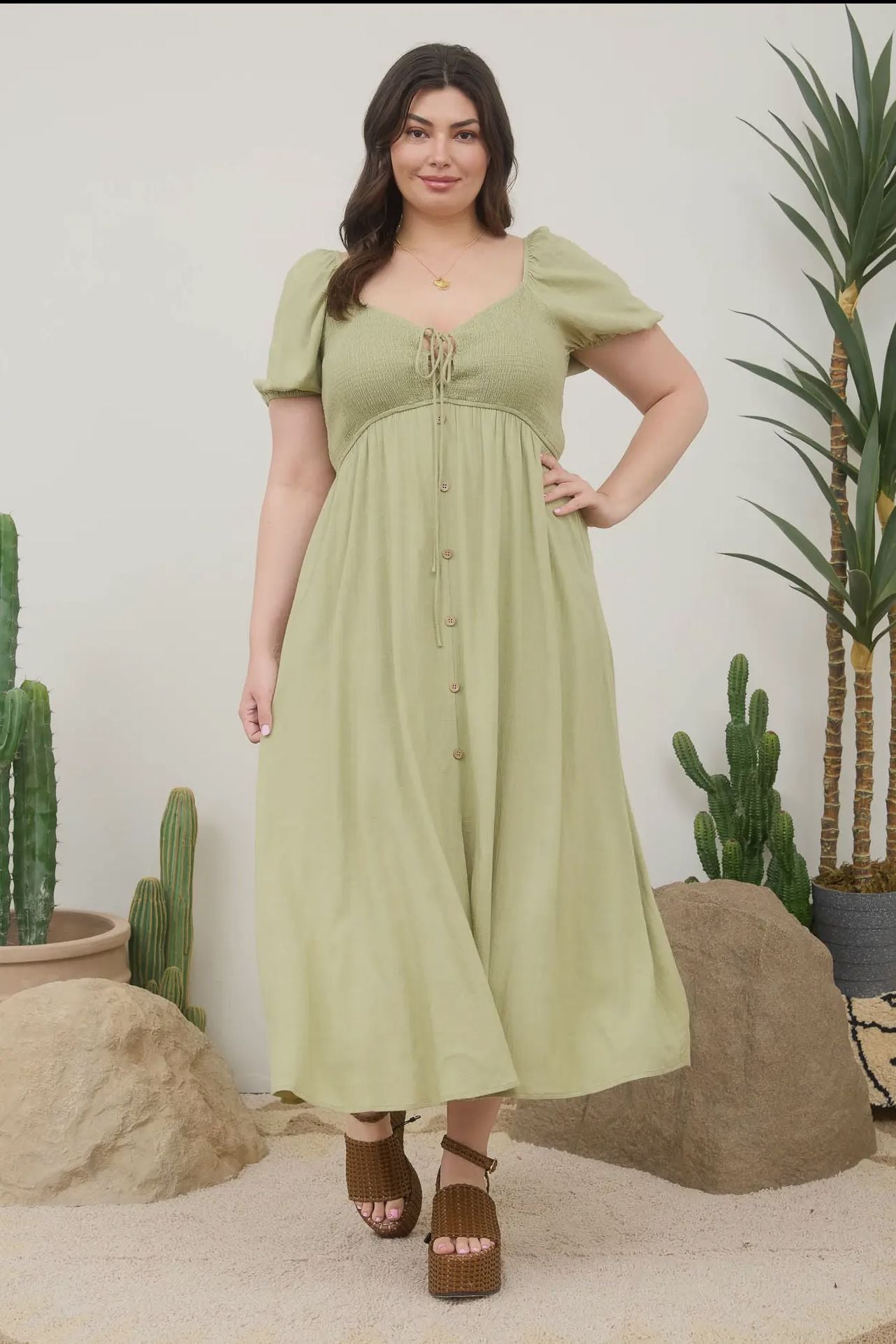 PLUS SIZES SMOCKED LIGHT OLIVE MIDI DRESS