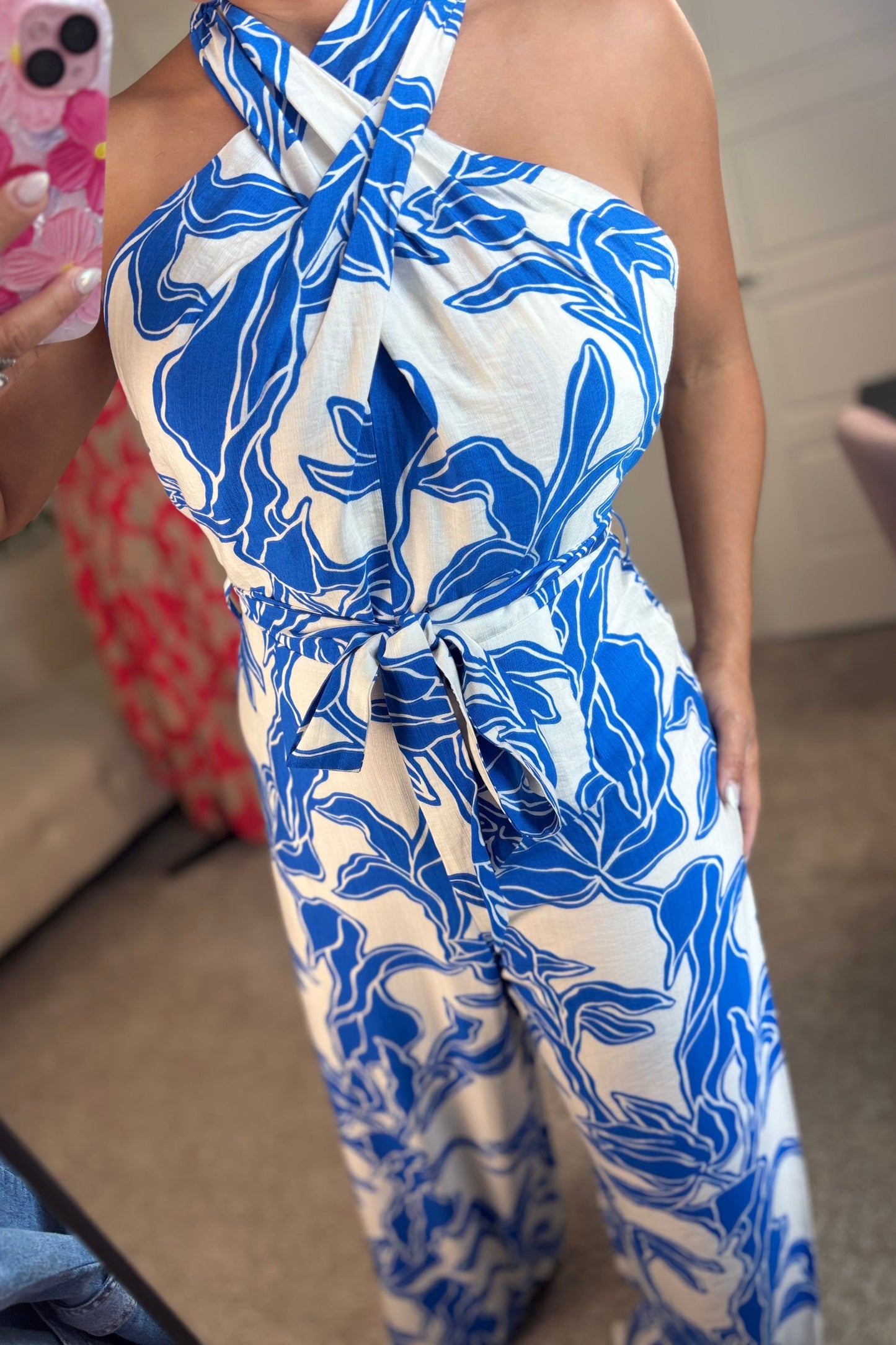 BLUE CRISSCROSS HALTER NECK JUMPSUIT