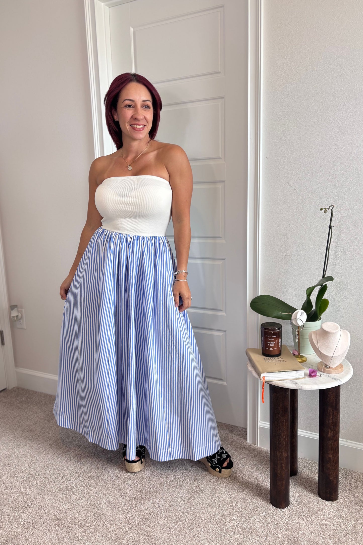 Striped Strapless Flowy Midi Dress