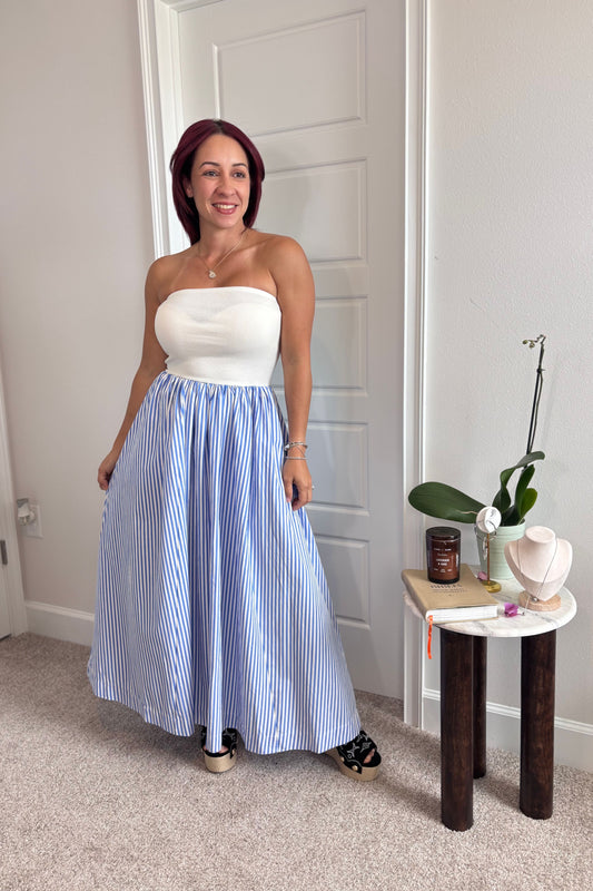 Striped Strapless Flowy Midi Dress