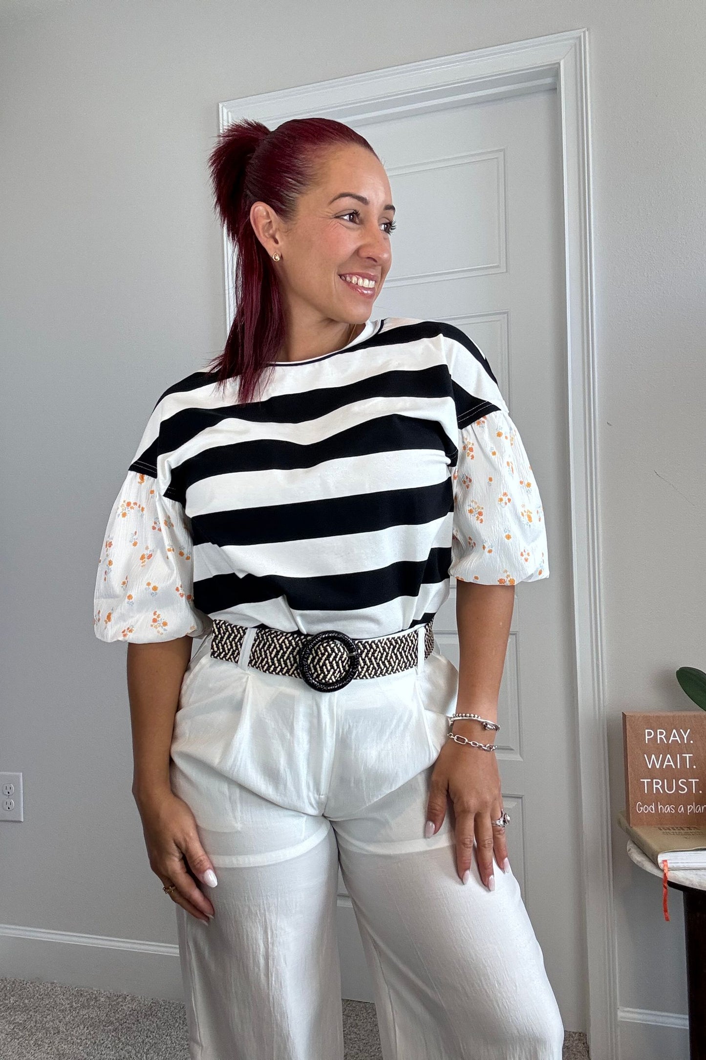 Stripe Floral Print Puff Sleeve Patchwork Blouse