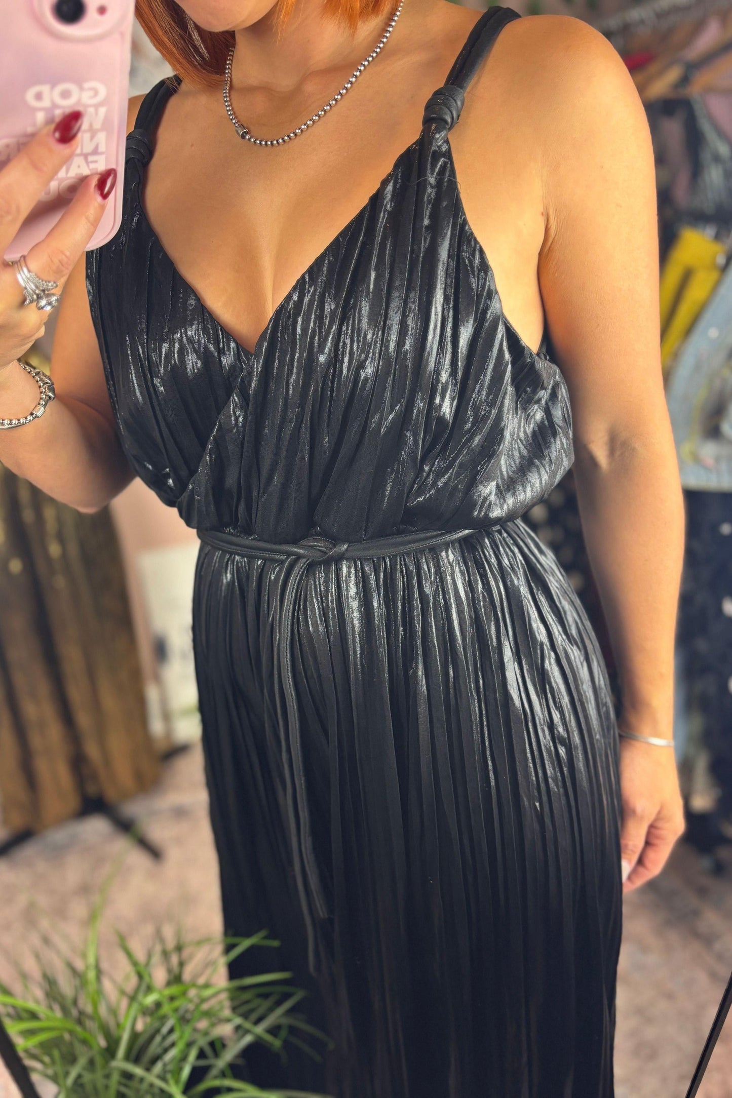 METALLIC PLEATED JUMPSUIT