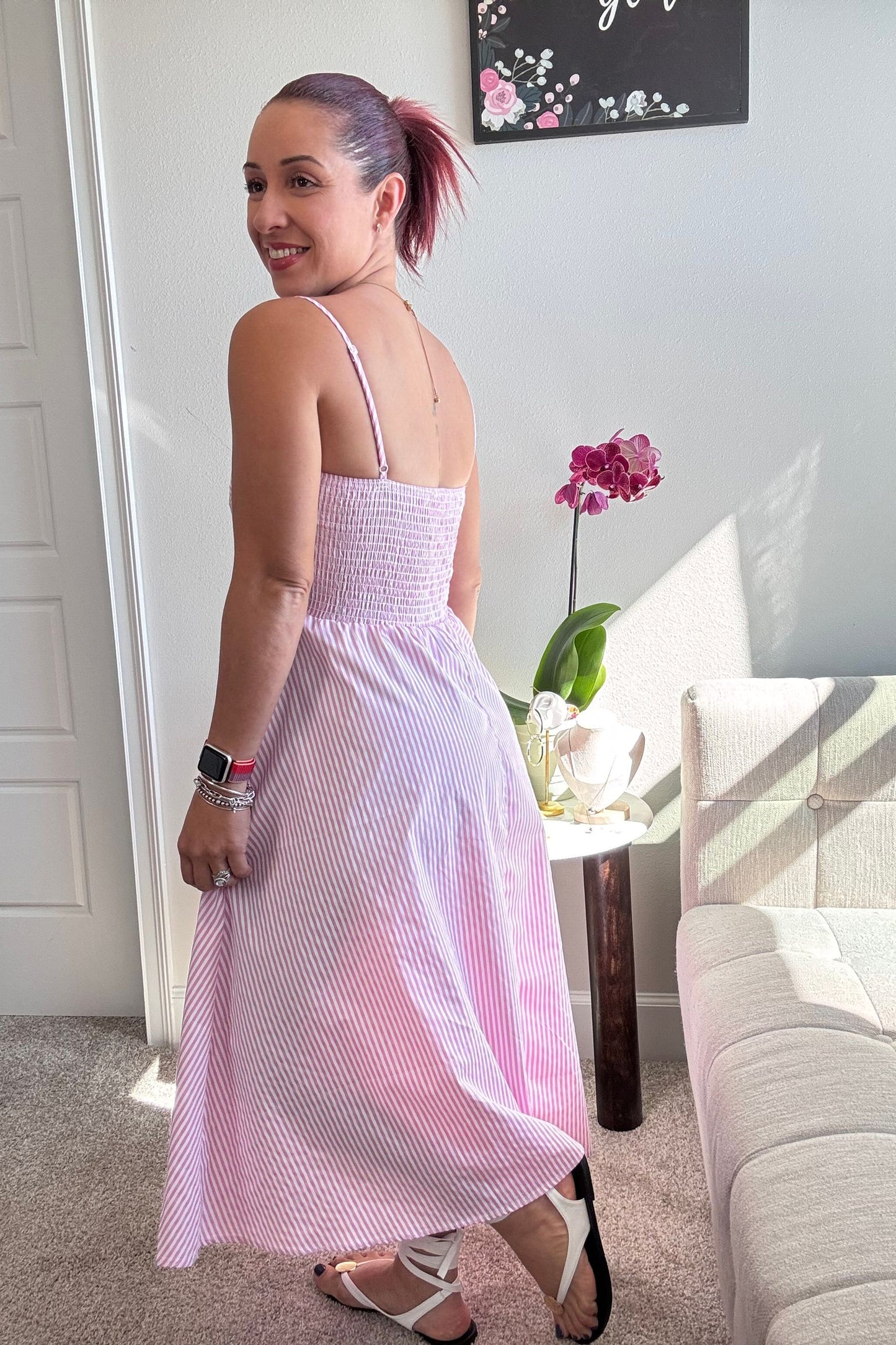 VESTIDO MIDI RAYAS ROSA CLARO