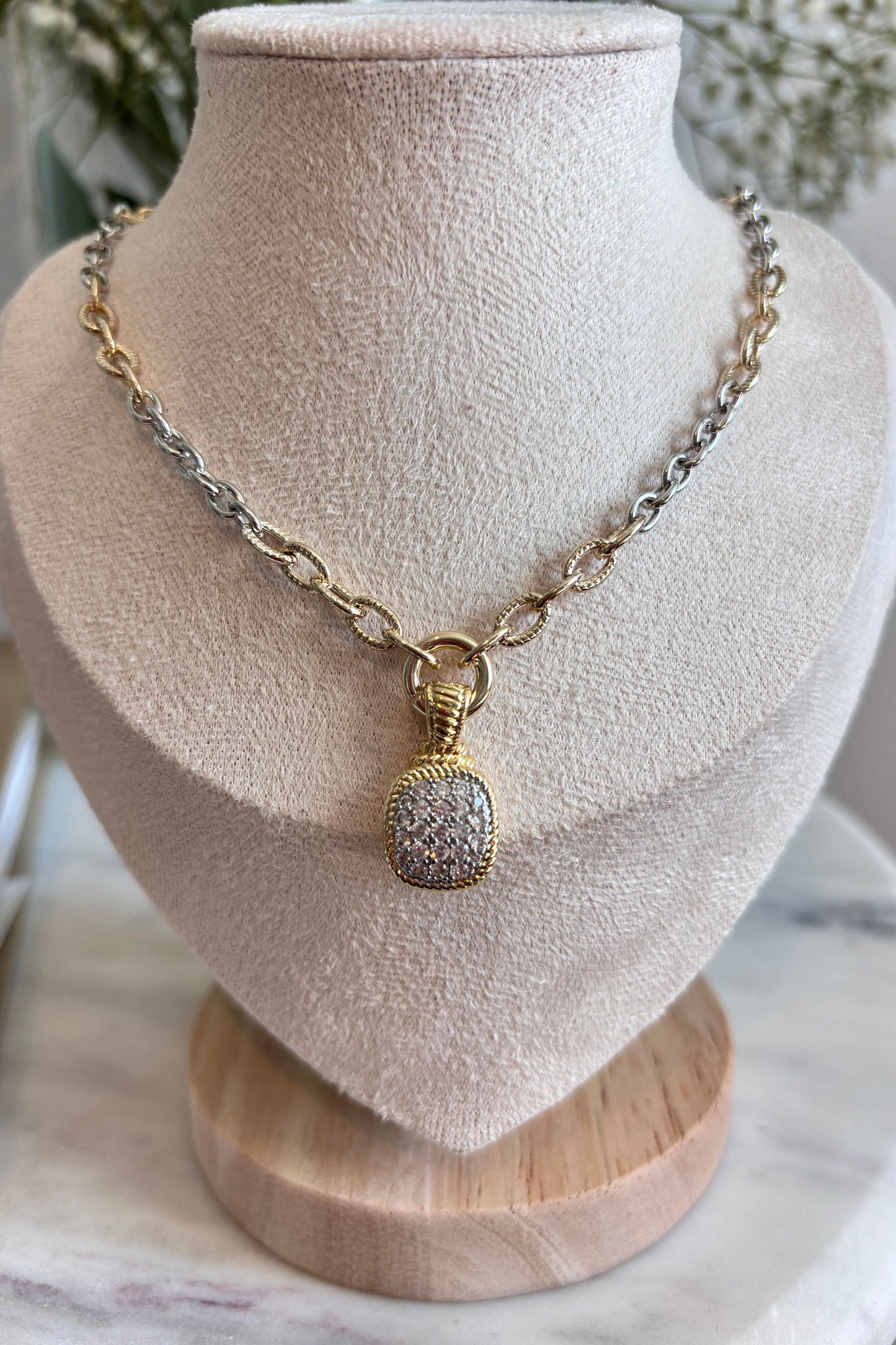 PRESENCIA CZ SQUARE PENDANT TWO-TONE NECKLACE – ELEGANT EVERYDAY ACCESSORY