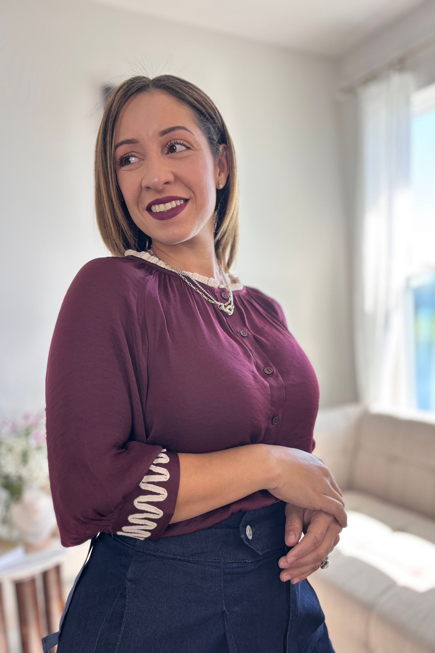 AMARIS TOP-WINE BLOUSE WITH BEIGE DETAILS